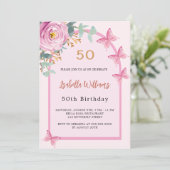 Rosa Rosa Blütenschmetterlinge Geburtstag Einladung (Stehend Vorderseite)