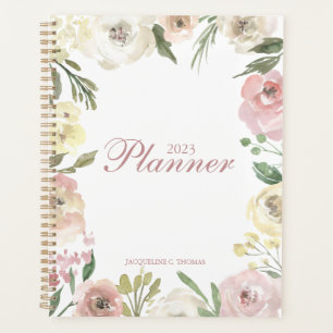 Rosa Rosa Elfenbeinblume Personalisiert 2023 Planer