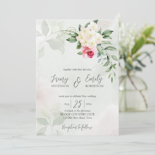 Rosa Rosa Eukalyptus Aquarellblume Einladung (Stehend Vorderseite)