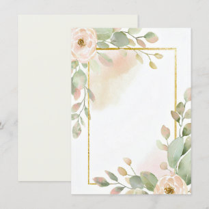 Rosa rosa, Eukalyptus und goldener Rahmen leere Ho Einladung