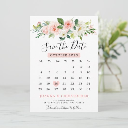 Rosa Rosa Florals Moderner botanischer Kalender Save The Date (Stehend Vorderseite)