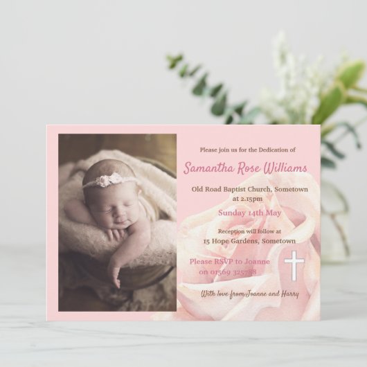 Rosa Rosa Foto Dedication Einladung (Stehend Vorderseite)