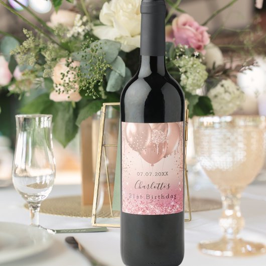 Rosa Rosa-Glitzer-Ballons zum Geburtstag Spaß Weinetikett