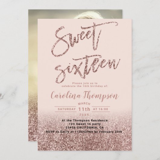 Rosa Rosa Glitzer Typografie Sweet 16 Foto Einladung (Vorne/Hinten)