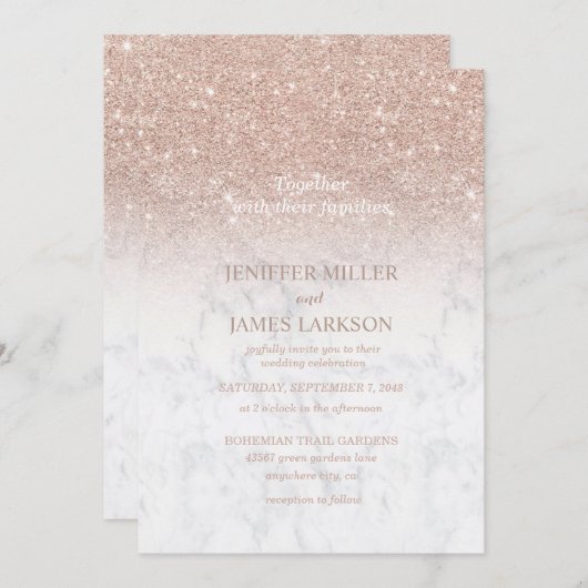 Rosa Rosa Glitzer Weißer Marmor Personalisiert Einladung (Vorne/Hinten)