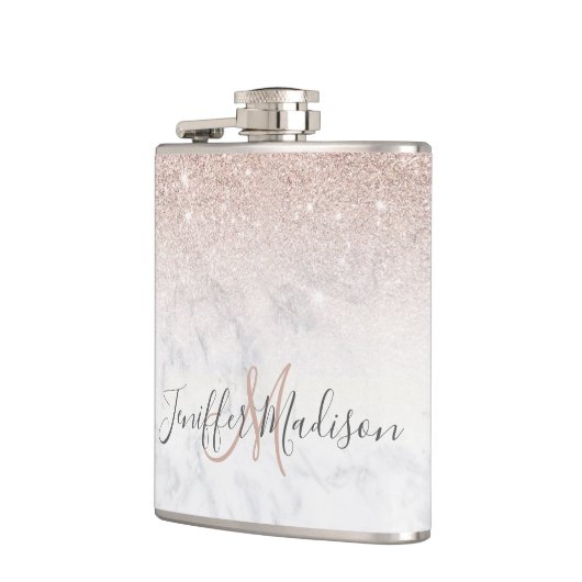 Rosa Rosa Glitzer Weißer Marmor Personalisiert Flachmann (Links)