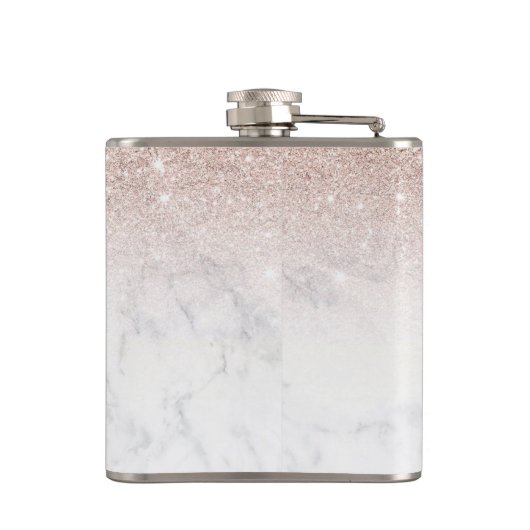 Rosa Rosa Glitzer Weißer Marmor Personalisiert Flachmann (Rückseite)