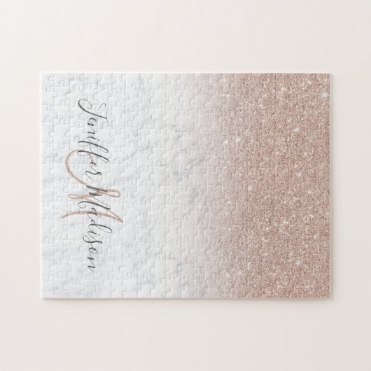 Rosa Rosa Glitzer Weißer Marmor Personalisiert Puzzle (Horizontal)