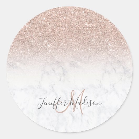 Rosa Rosa Glitzer Weißer Marmor Personalisiert Runder Aufkleber (Vorderseite)