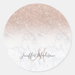 Rosa Rosa Glitzer Weißer Marmor Personalisiert Runder Aufkleber
