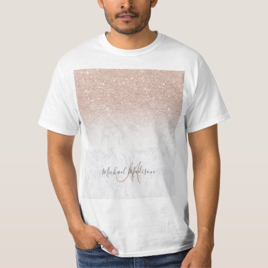 Rosa Rosa Glitzer Weißer Marmor Personalisiert T-Shirt (Vorderseite)