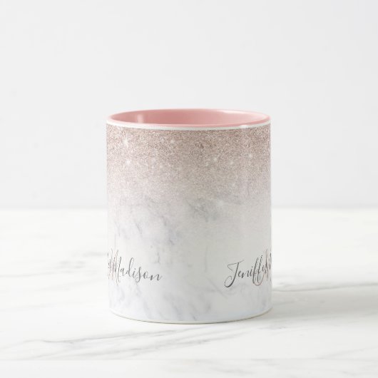 Rosa Rosa Glitzer Weißer Marmor Personalisiert   Tasse (Zentrum)