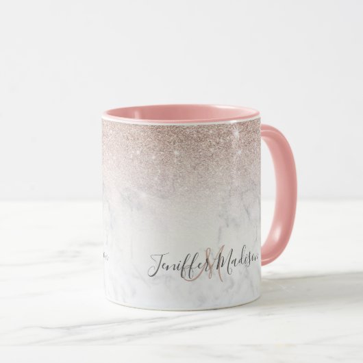 Rosa Rosa Glitzer Weißer Marmor Personalisiert   Tasse (VorderseiteRechts)