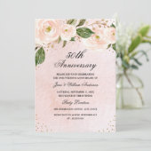 Rosa Rosa Gold Floral Jubiläum Einladung (Stehend Vorderseite)