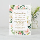 Rosa Rosa Gold Floral Quinceanera Einladung (Stehend Vorderseite)