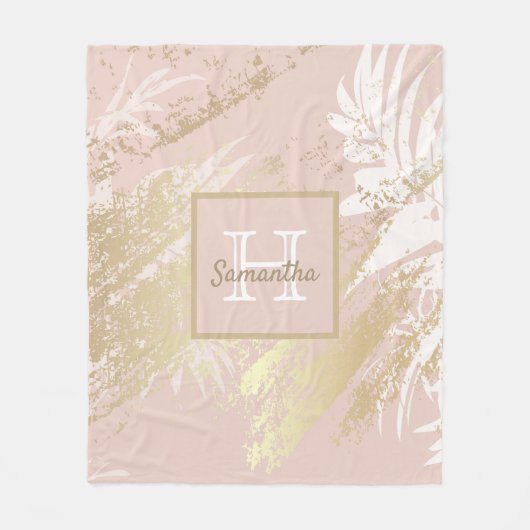 Rosa Rosa Goldblüte Blätter Blattmongramm Fleecedecke (Vorderseite)