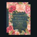 Rosa rosa, goldfarbene Saitenleuchten süß 16 Einladung<br><div class="desc">Luxuriöse elegante Vintag romantische 16 . Geburtstag Party Einladung Vorlage mit rot-rosa und pfirsichfarbenen Rose und Blüten Rahmen und golden rustikalen Saiten oder Tinkle Lichter auf einem Mitternacht blauen Kalkboard Hintergrund. — Die Einladung ist geeignet für Frühjahr Sommernacht,  Herbst Herbst Herbst,  rustikale oder Garten Freien klassische Party.</div>