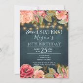 Rosa rosa, goldfarbene Saitenleuchten süß 16 Einladung (Vorderseite)