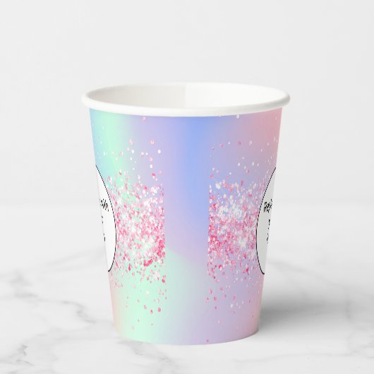 Rosa, rosa, holografisches Firmenlogo Pappbecher (Links)