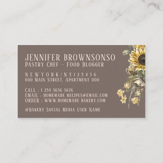 Rosa Rosa Holz Rolling Button Sonnenblumen Bäckere Visitenkarte (Rückseite)