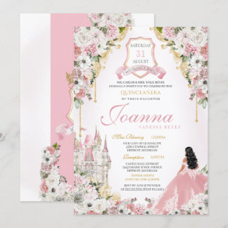 Rosa Rosa Königliche Prinzessin Burg Quinceanera Einladung