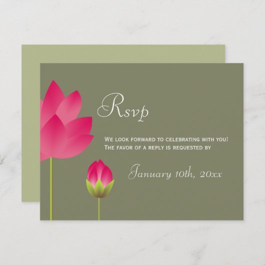 Rosa Rosa Lotus Blume grün Hochzeit Rsvp Reaktion Einladung (Vorne/Hinten)