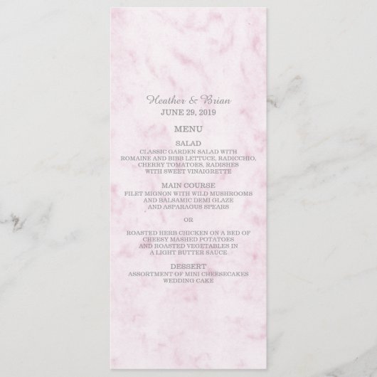 Rosa Rosa Marble Wedding Menu Menükarte (Vorderseite)