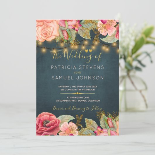 Rosa-Rosa-Marinesoldaten romantische Hochzeit mit Einladung (Stehend Vorderseite)