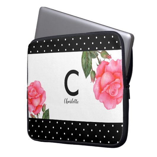Rosa-Rosa-Monogramm der botanischen Blumenkunst Laptopschutzhülle (Vorderseite Links)