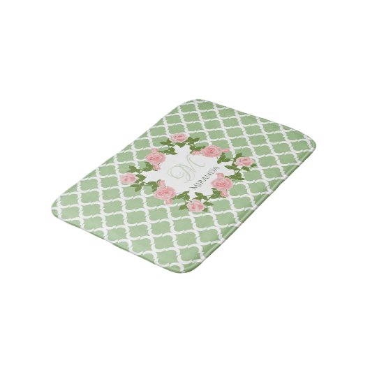 Rosa Rosa-Monogramm mit nilgrünem Quatrefolie, mit Badematte (Schrägansicht)