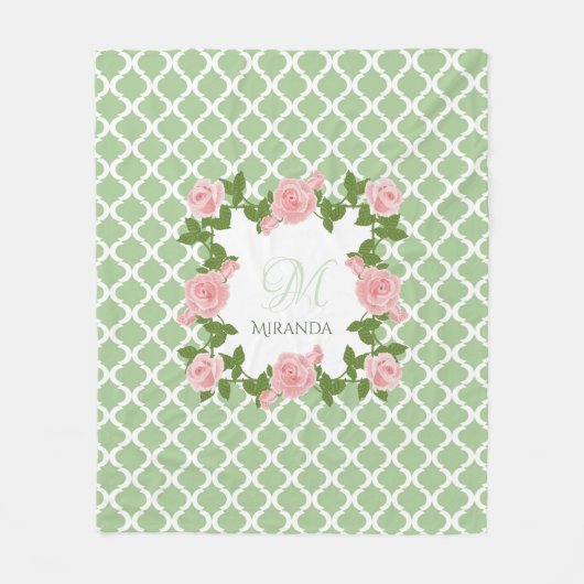 Rosa Rosa-Monogramm mit nilgrünem Quatrefolie, mit Fleecedecke (Vorderseite)