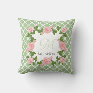 Rosa Rosa-Monogramm mit nilgrünem Quatrefolie, mit Kissen