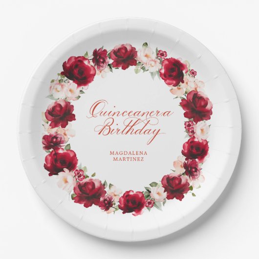 Rosa Rosa Personalisiert Quinceanera Geburtstag Pappteller (Vorderseite)