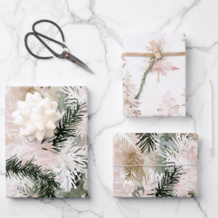 Rosa Rosa Pine Grüne Weihnachtsbaumen Geschenkpapier Set