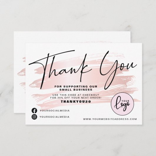 Rosa Rosa Pinselstrich Stroke Business Order Dankeskarte (Vorne/Hinten)