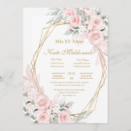 Rosa Rosa Quinceanera Einladung (Vorne/Hinten)