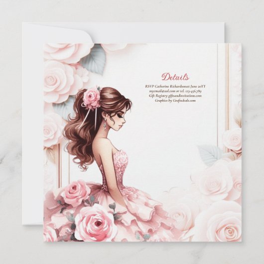 Rosa Rosa Quinceanera Zeremonie Empfang Einladung (Rückseite)