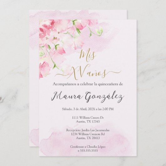 Rosa Rosa Quinceñera Einladung (Vorne/Hinten)