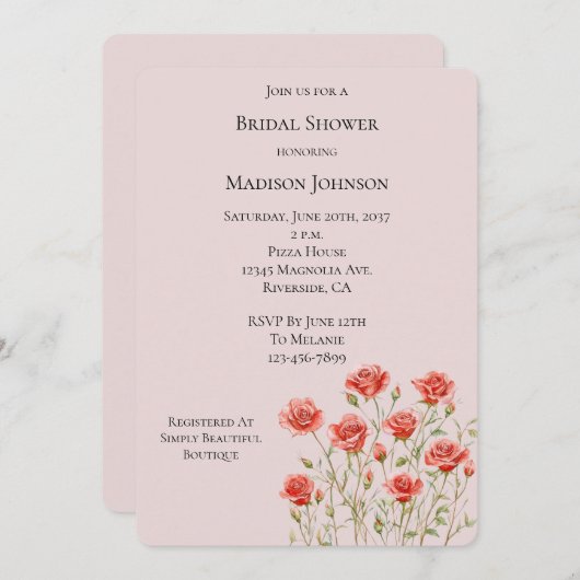 Rosa Rosa Romantische Rote Rosen Brautparty Einladung (Vorne/Hinten)