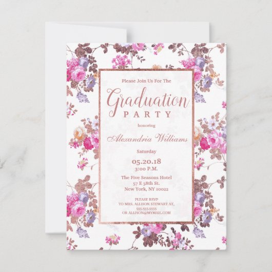 Rosa Rosa-Rosa-Abschluss Einladung (Vorderseite)