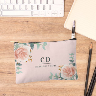Rosa Rosa Rosa Blume Grüne Name Monogramm Zubehörtasche