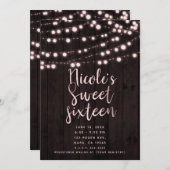 Rosa Rosa Rosa Braun Rustikales Holz & Lights Süß Einladung (Vorne/Hinten)