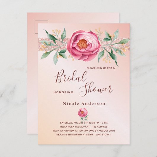 Rosa Rosa-Rosa-Goldflorchen Brautparty Postkarte (Vorne/Hinten)