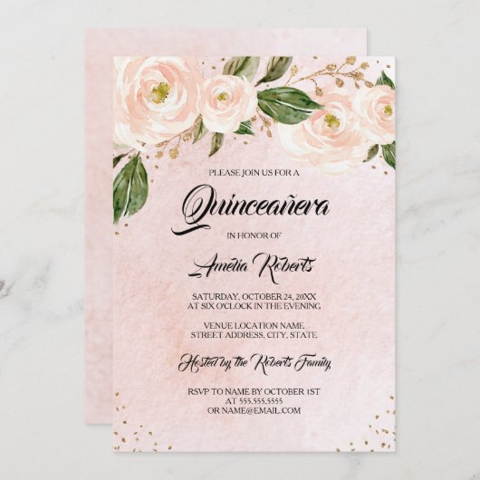 Rosa Rosa Rosa Quinceanera Geburtstag Einladung (Vorne/Hinten)