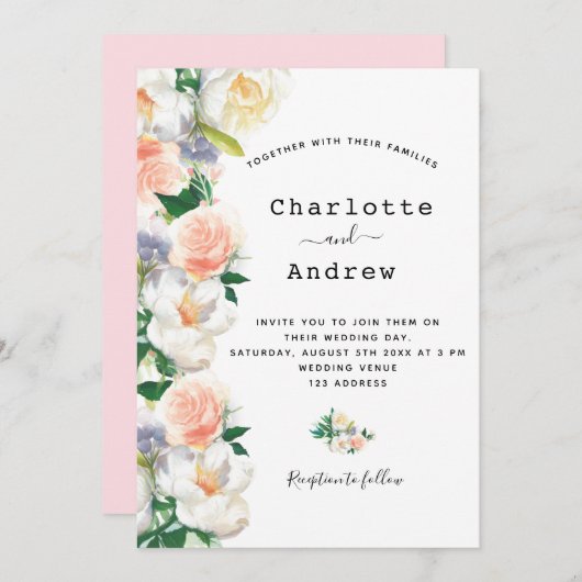 Rosa Rosa Rosa Rosengoldblüten Weiße Hochzeit Einladung (Vorne/Hinten)