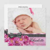 Rosa Rosa Rosa Schwarzes Foto Geburtshinweise Ankündigung (Vorne/Hinten)