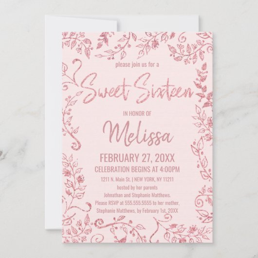 Rosa Rosa Rose Glitzer Bläsersüß 16 Einladung (Vorderseite)