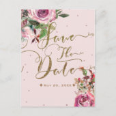 Rosa Rosa Rose Gold Floral Modern Save the Date Ankündigungspostkarte (Vorderseite)