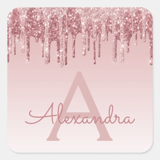 Rosa Rosa - Rose Gold Glitzer Sparkone Monogramm Quadratischer Aufkleber (Vorderseite)