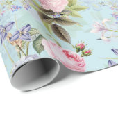 Rosa Rosa Rose Redouté Bouquets auf blau Geschenkpapier (Rolleneckpunkt)